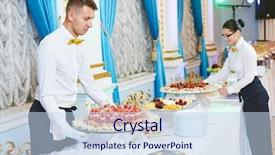 Presentation with waitress - Slide set consisting of restaurant during catering the event background and a sky blue colored foreground