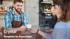  Presentation with coffee cup - Presentation design with restaurant employees - handsome smiling barista with beard background and a tawny brown colored foreground