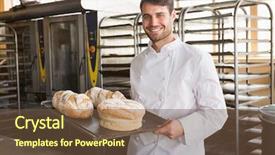  Presentation with baker kneading dough homemade bread - Beautiful presentation theme featuring restaurant employees - happy baker showing tray backdrop and a tawny brown colored foreground