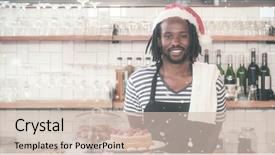  Presentation with happy anniversay work - PPT theme consisting of restaurant employees - happy hipster worker posing background and a  colored foreground