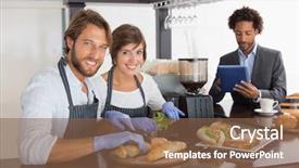  Presentation with servers - Presentation design enhanced with restaurant employees - happy servers preparing sandwiches together background and a  colored foreground
