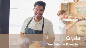  Presentation with restaurant waiter - PPT theme featuring restaurant employees - portrait of a smiling confident background and a coral colored foreground