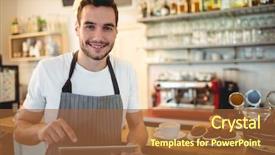  Presentation with medical procedure simulation using blood - Slides with restaurant employees - portrait of confident male barista background and a red colored foreground