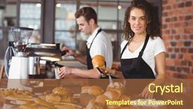  Presentation with cold brew coffee - Beautiful slide deck featuring restaurant employees - portrait of smiling waitress holding backdrop and a tawny brown colored foreground