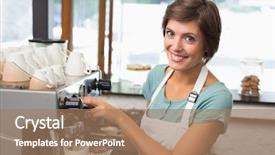  Presentation with steel making shop - Presentation theme featuring restaurant employees - pretty barista making coffee smiling background and a coral colored foreground