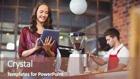  Presentation with coffee shop - Presentation theme enhanced with restaurant employees - pretty woman using her tablet background and a violet colored foreground