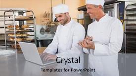  Presentation with working together - Cool new presentation theme with restaurant employees - smiling bakers working together backdrop and a light gray colored foreground