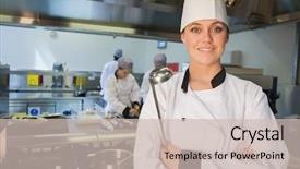  Presentation with little chef - Cool new slides with restaurant employees - smiling chef holding ladle backdrop and a soft green colored foreground