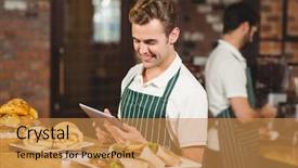  Presentation with digital transformation industry - Amazing presentation theme having restaurant employees - smiling waiter using a digital backdrop and a gold colored foreground