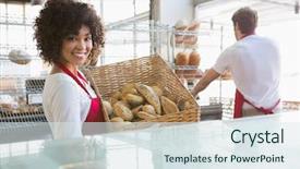  Presentation with waitress - PPT layouts enhanced with restaurant employees - smiling waitress carrying basket background and a sky blue colored foreground