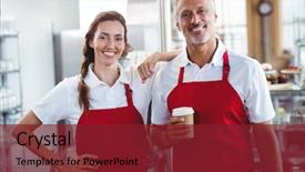  Presentation with cafe - Beautiful PPT theme featuring restaurant employees - two baristas smiling backdrop and a tawny brown colored foreground