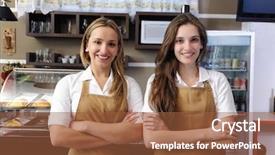  Presentation with cafe - Beautiful slides featuring restaurant employees - two happy waitresses working backdrop and a tawny brown colored foreground