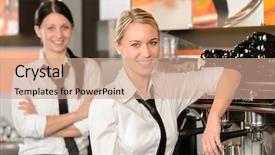  Presentation with coffee - Theme having restaurant employees - two waitresses posing in coffee background and a coral colored foreground