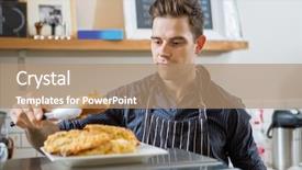  Presentation with cafe - Amazing slide set having restaurant employees - young male cafe owner serving backdrop and a  colored foreground