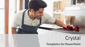  Presentation with cleaning agents - PPT theme featuring restaurant employees - young smiling waiter cleaning countertop background and a light gray colored foreground
