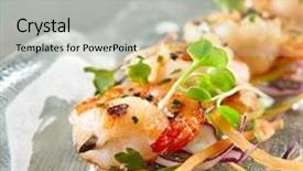  Presentation with appetizers - PPT theme enhanced with restaurant food - delicious tiger prawn gourmet restaurant appetizers background and a light gray colored foreground