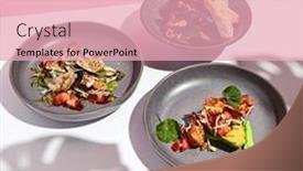  Presentation with food white - Beautiful presentation design featuring restaurant-food-seafood-plate-assortment backdrop and a lemonade colored foreground