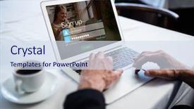  Presentation with login - Colorful slides enhanced with restaurant hands with laptop login backdrop and a sky blue colored foreground