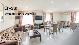  Presentation with hotel - PPT theme featuring restaurant interior in modern hotel background and a lemonade colored foreground