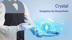  Presentation with restaurant waiter - Presentation theme featuring restaurant investment - waiter serving on a tray background and a sky blue colored foreground