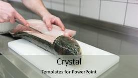  Presentation with restaurant kitchen - Beautiful slide deck featuring restaurant kitchen filleting carp fish backdrop and a light gray colored foreground