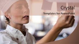  Presentation with hotel kitchen - Colorful theme enhanced with restaurant listing - female chef looking at order backdrop and a coral colored foreground