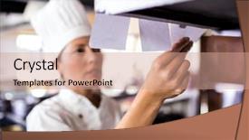  Presentation with hotel kitchen - Presentation theme having restaurant listing - female chef looking at order background and a coral colored foreground