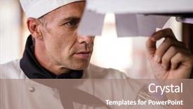  Presentation with hotel kitchen - Presentation theme featuring restaurant listing - male chef looking at order background and a coral colored foreground