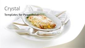  Presentation with pasta restaurant - Presentation theme consisting of restaurant main course of cannelloni pasta with ricotta minced beef spinach isolated on white background traditional dish of the catalan cuisine with greens and cheese close up background and a white colored foreground