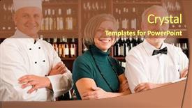  Presentation with cook chef - Slide deck enhanced with restaurant manager posing with chef cook and waiter wine bar background and a tawny brown colored foreground