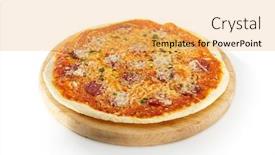  Presentation with restaurant menu board - Presentation consisting of restaurant menu classic pizza with pepperoni on round wooden board background and a yellow colored foreground
