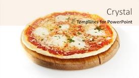  Presentation with restaurant menu board - Slide deck featuring restaurant menu classic pizza with mozzarella cheese on wooden board background and a yellow colored foreground