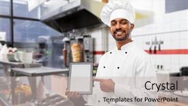  Presentation with transport and future technology concept - Audience pleasing slides consisting of restaurant menu tablets - cooking technology and people concept backdrop and a light gray colored foreground