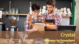  Presentation with order - Presentation design featuring restaurant menu tablets - smiling owners taking order background and a red colored foreground