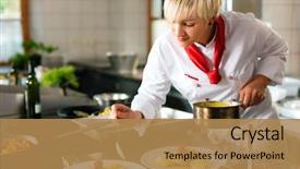  Presentation with hotel kitchen - Audience pleasing theme consisting of restaurant or hotel kitchen cooking backdrop and a coral colored foreground
