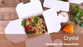  Presentation with chinese restaurant - Colorful presentation theme enhanced with restaurant order - chinese noodles in takeaway boxes backdrop and a red colored foreground