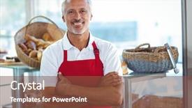 Presentation with camera - Beautiful PPT theme featuring restaurant owners - barista smiling at camera backdrop and a tawny brown colored foreground