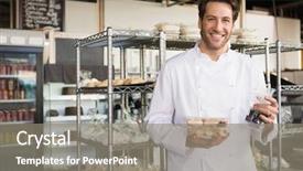  Presentation with cheerful - Theme consisting of restaurant owners - cheerful baker holding coffee house background and a gray colored foreground