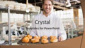  Presentation with baker kneading dough homemade bread - Colorful slide set enhanced with restaurant owners - cheerful baker holding tray backdrop and a soft green colored foreground