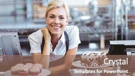  Presentation with happy birthday cake - PPT layouts having restaurant owners - happy pretty blonde showing her background and a violet colored foreground