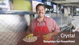  Presentation with snack - Audience pleasing presentation theme consisting of restaurant owners - portrait of hispanic man holding backdrop and a  colored foreground