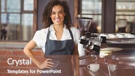  Presentation with machine shop - Colorful slide set enhanced with restaurant owners - portrait of pretty barista smiling backdrop and a violet colored foreground