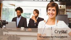  Presentation with coffee shop - Cool new presentation design with restaurant owners - pretty barista smiling at camera backdrop and a  colored foreground