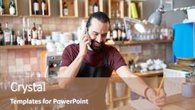  Presentation with restaurant waiter - Colorful presentation theme enhanced with restaurant owners - small business communication people backdrop and a  colored foreground