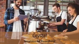  Presentation with tablets wood table tablet white - Cool new PPT theme with restaurant owners - smiling colleagues serving customer backdrop and a red colored foreground