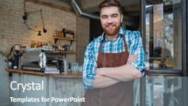  Presentation with waiter - Slide set with restaurant owners - smiling handsome young waiter background and a gray colored foreground