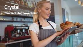  Presentation with using digital tablet - Slides enhanced with restaurant service - confident female barista using digital background and a violet colored foreground