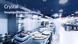  Presentation with hotel kitchen - Amazing PPT theme having restaurant service - modern kitchen and chefs backdrop and a ocean colored foreground