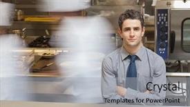  Presentation with restaurant waiter - Amazing presentation theme having restaurant service - smiling waiter standing in busy backdrop and a light gray colored foreground