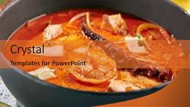  Presentation with tom yum kung traditional food - Beautiful presentation theme featuring restaurant soup food - traditional thai backdrop and a gold colored foreground